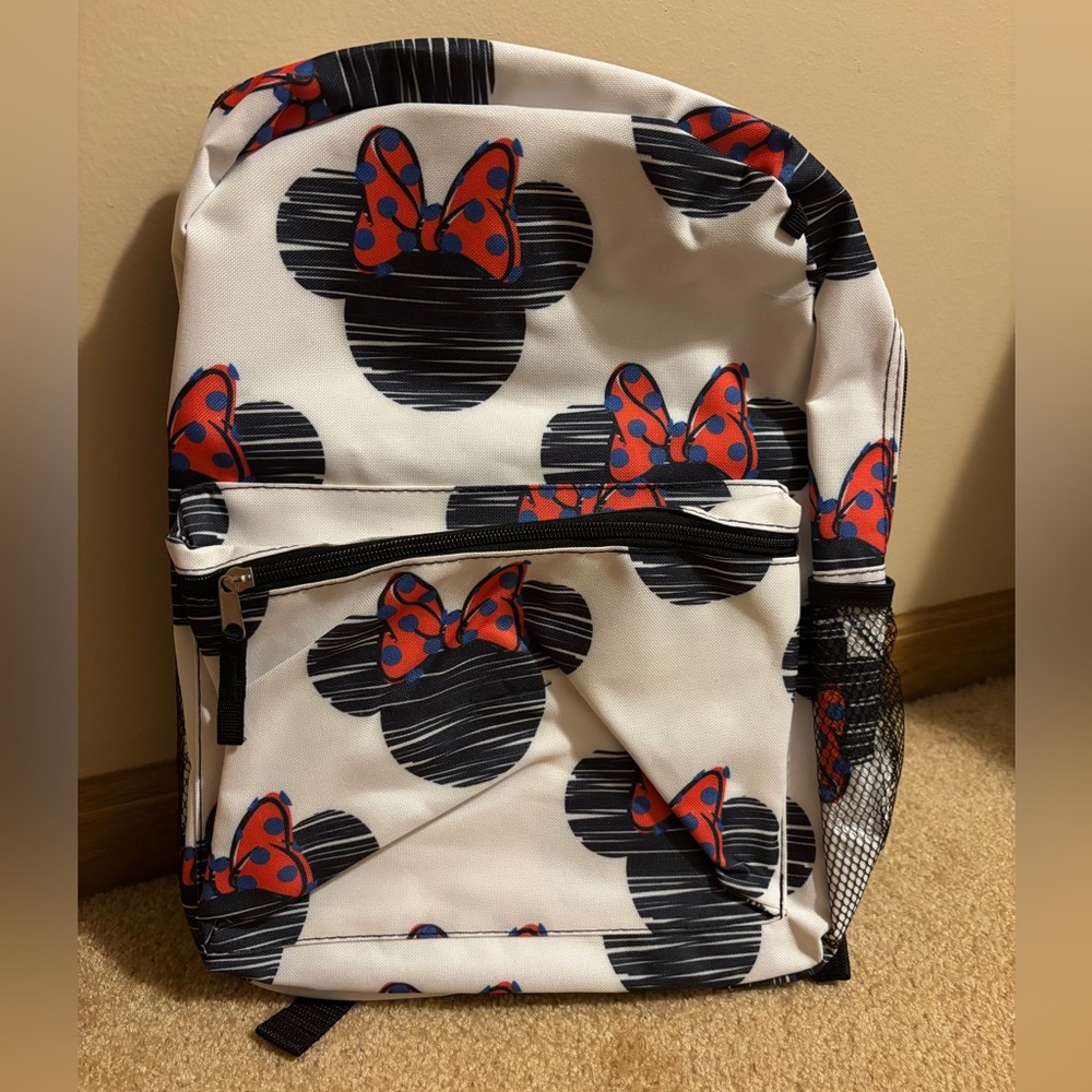Disney White Backpack with Black Minnie Silhouettes and Red Bows